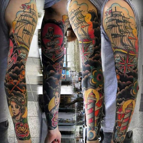 Full Sleeve Crossed Skull Keys Mens Tattoo