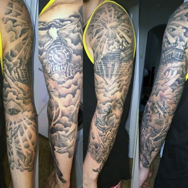 Full Sleeve Dove Tattoo Design On Men