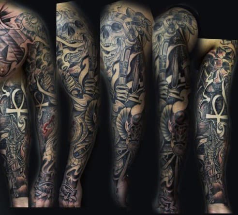 Full Sleeve Egyptian Themed Ankh Male Tattoos