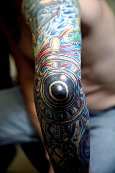 Full Sleeve Elbow Ship Wheel Tattoo For Men