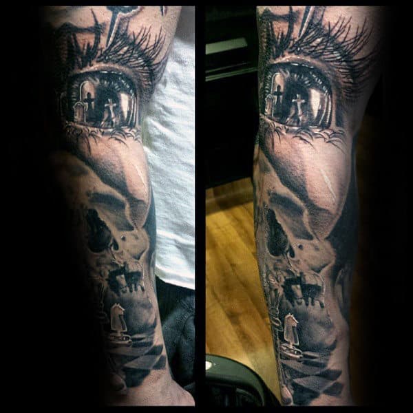 Full Sleeve Eye With Crosses King Chess Piece Mens Tattoos