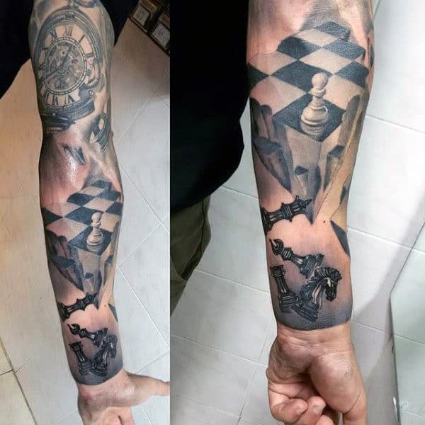 Full Sleeve Falling King Chess Piece Mens Tattoo Deisgns