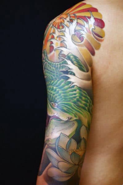 Full Sleeve Floral Japanese Dragon Sun Tattoos For Guys