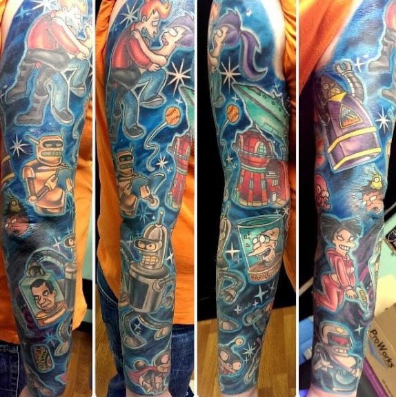 Full Sleeve Futurama Themed Mens Tattoo Designs