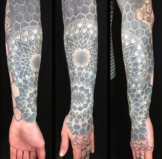 Full Sleeve Geometric Male White Ink Tattoo Design Ideas