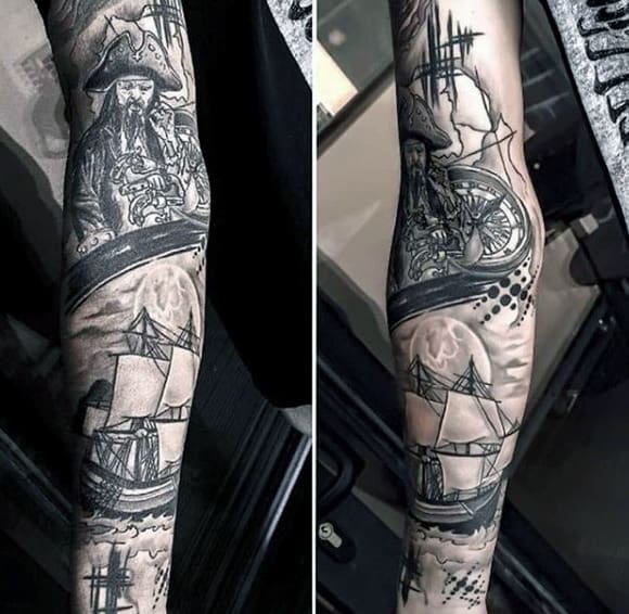 Full Sleeve Ghost Pirate Ship Tattoo Men