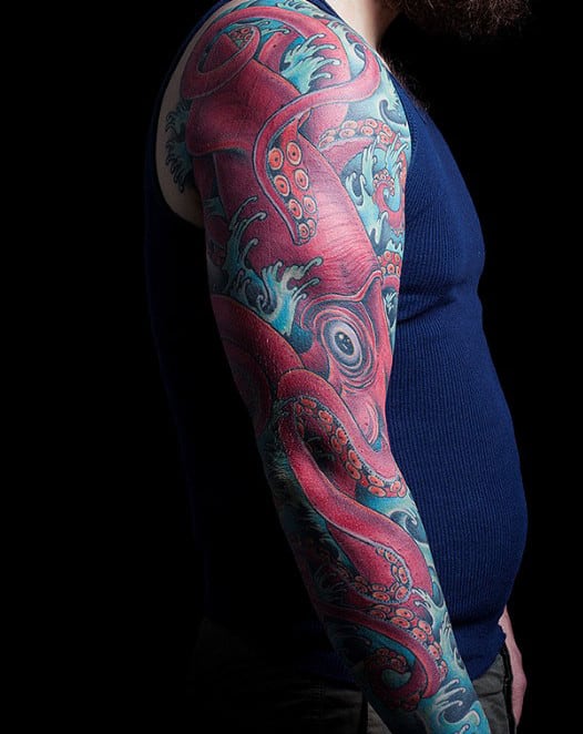 Full Sleeve Gigantic Red Squid Tattoo For Men