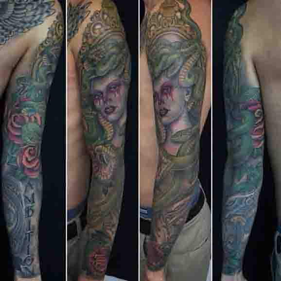 Full Sleeve Green Snakes Mens Medusa Tattoo Ideas