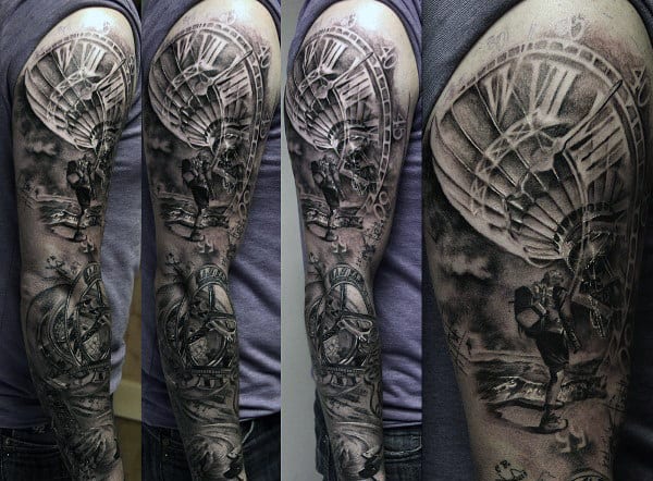 Full Sleeve Grey And Black Guys Hot Air Balloon Tattoo Design Ideas