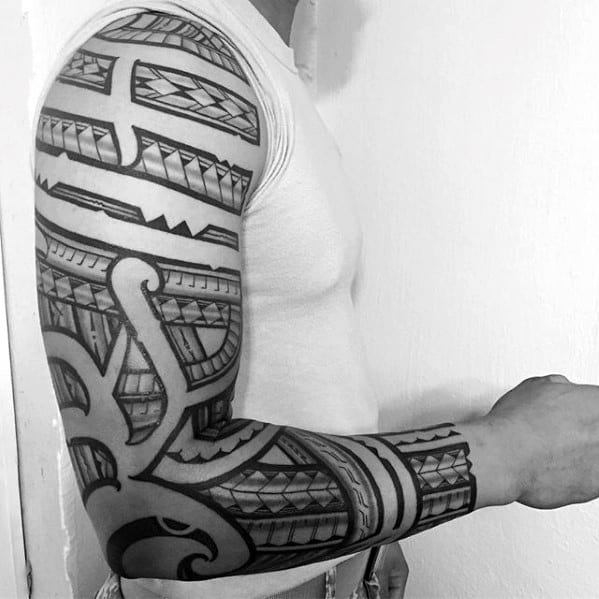 Full Sleeve Guys Arm Polynesian Tribal Tattoo Inspiration