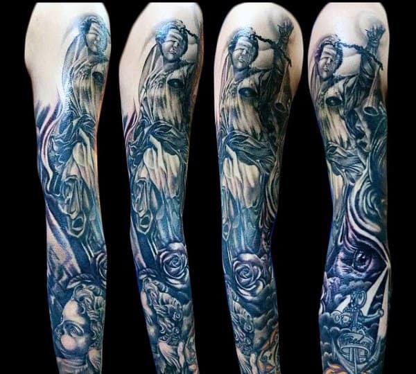 Full Sleeve Guys Lady Justice Tattoos