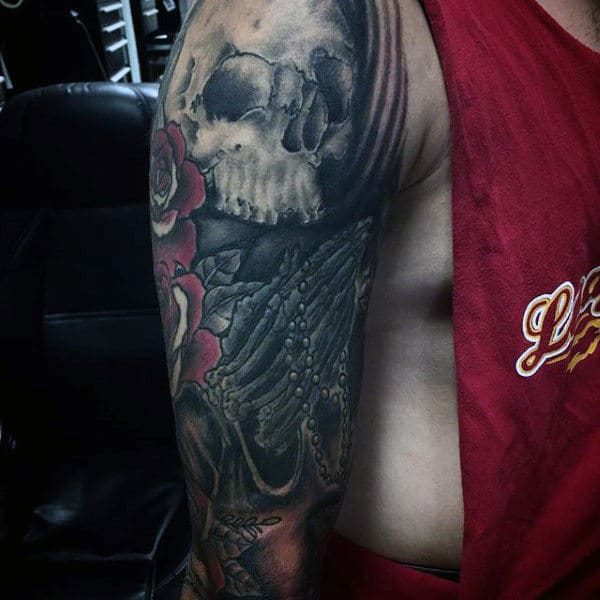 Full Sleeve Guys Praying Hands Tattoo With Skull