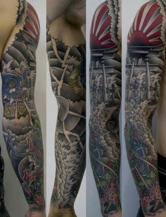 Full Sleeve Guys Rising Sun Japanese Tattoo Inspiration
