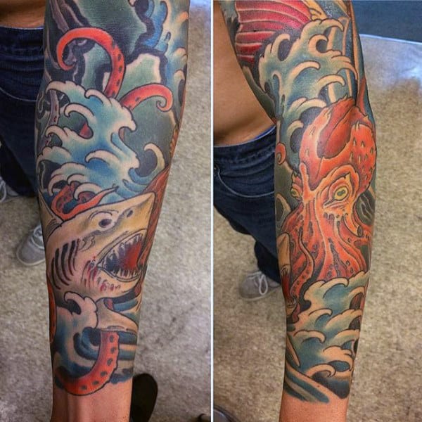Full Sleeve Guy's Shark Arm Tattoo
