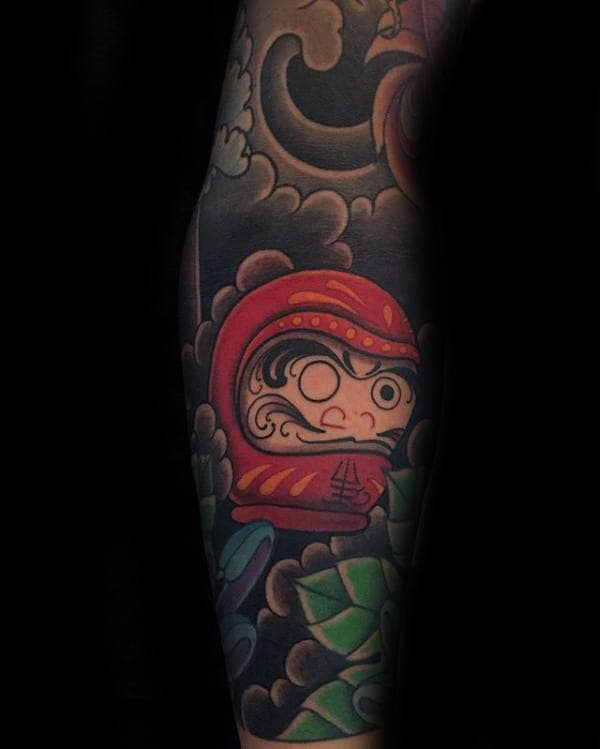 Full Sleeve Guys Traditional Daruma Doll Japanese Tattoos