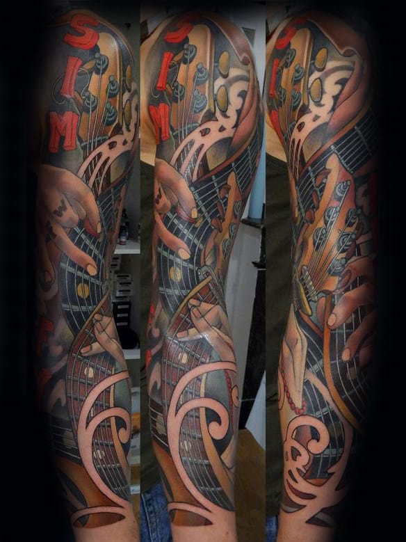 Full Sleeve Hands Playing Guitar Mens Music Sleeve Tattoos