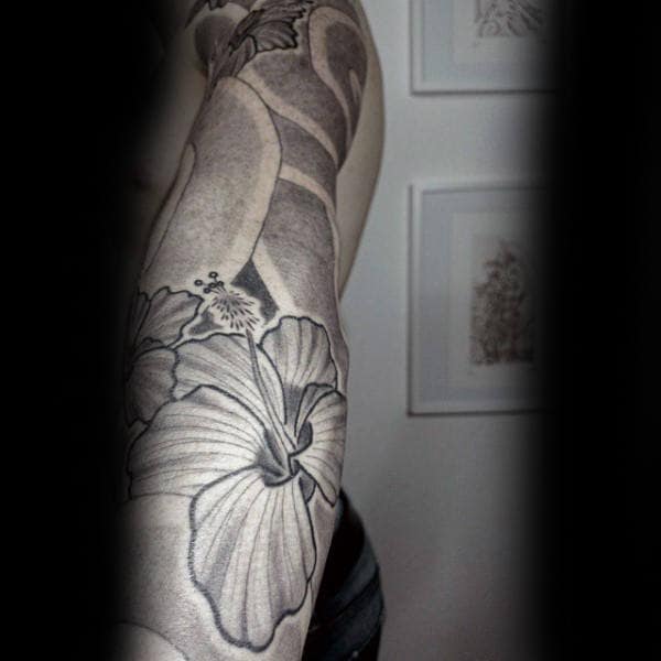 Full Sleeve Hibiscus Guys Dotwork Tattoo Inspiration