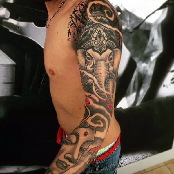 Full Sleeve Hinduism Themed Mens Ganesh Tattoo Design