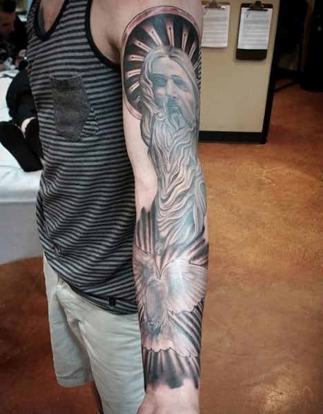 Full Sleeve Jesus Dove Male Tattoo Ideas