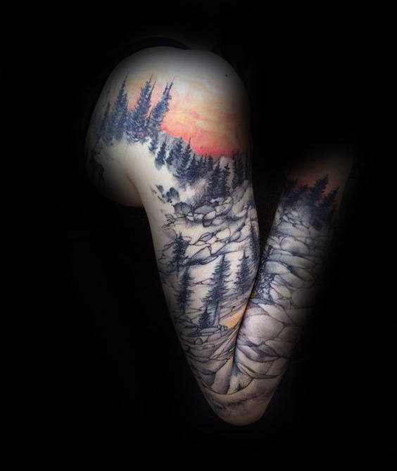 Full Sleeve Landscape Mountains With Sunset Tattoo On Man
