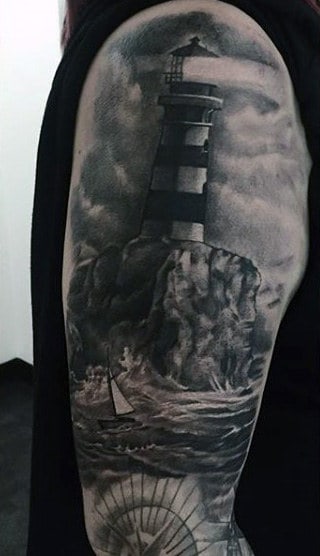 Full Sleeve Lighthouse Up On Rocks Male Tattoo