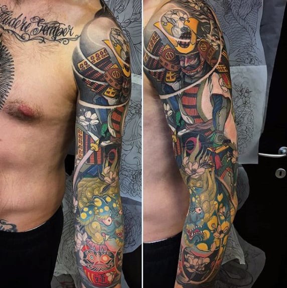 Full Sleeve Male Daruma Doll Tattoo Ideas