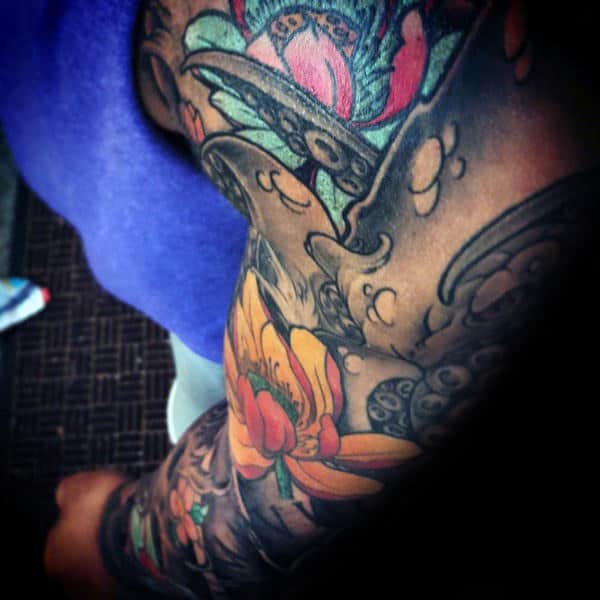 Full Sleeve Male Lotus Flower Tattoo Ideas