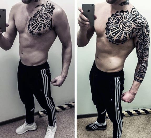 Full Sleeve Male Tribal Sun Tattoo Design Ideas