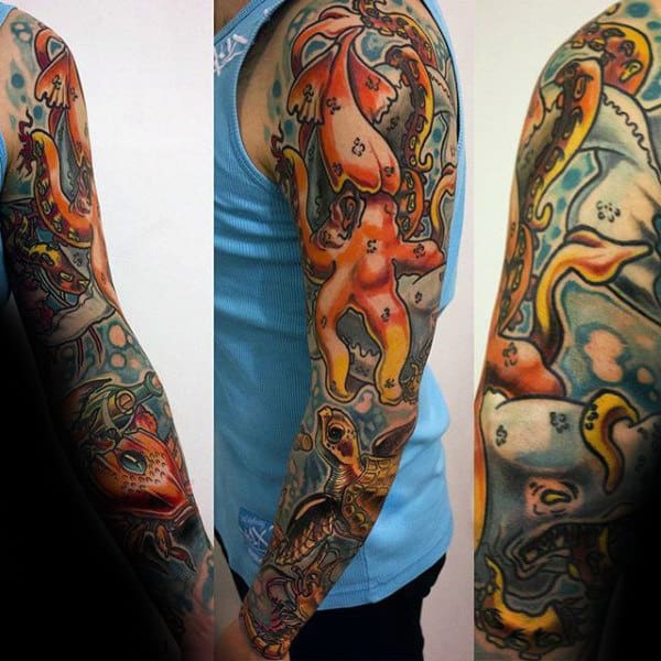Full Sleeve Male Underwater Crab Themed Tattoos