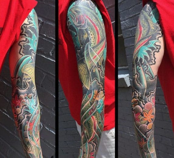 Full Sleeve Masculine Guys Trout Fish Themed Tattoo Design Ideas