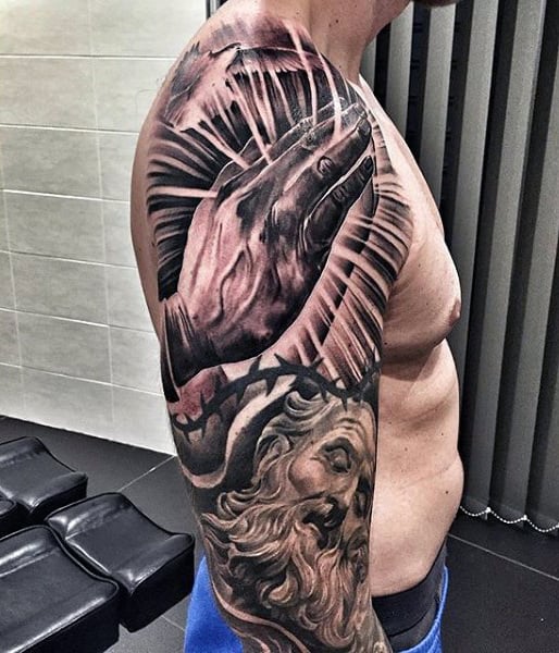 Full Sleeve Masculine Mens Open Praying Hands Tattoo