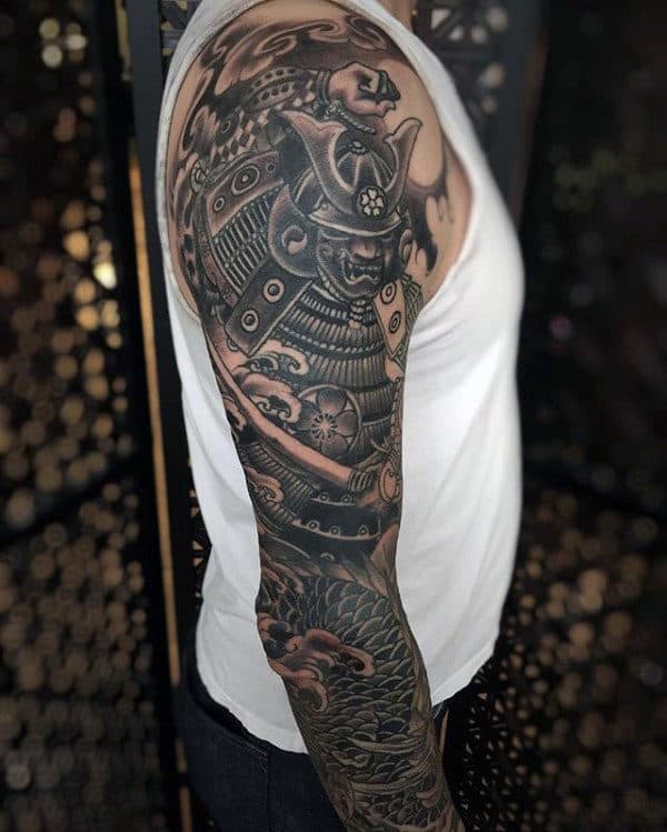 Full Sleeve Masculine Samurai Helmet Tattoos For Guys
