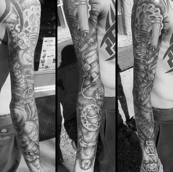 Full Sleeve Mechanical Motocross Guys Tattoos