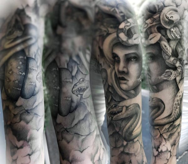 Full Sleeve Medusa Snake Head Mens Tattoos