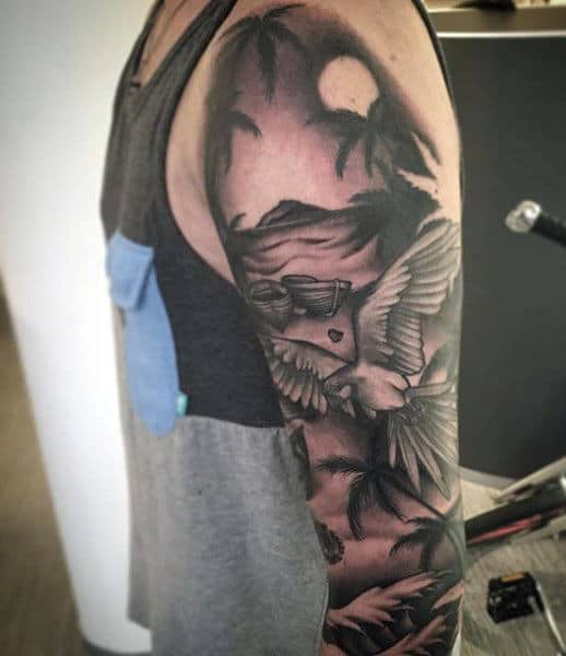 Full Sleeve Mens Beach Dove Tattoos