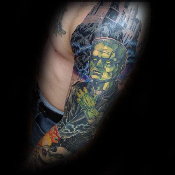 Full Sleeve Mens Castle Electric Frankenstein Tattoo Designs