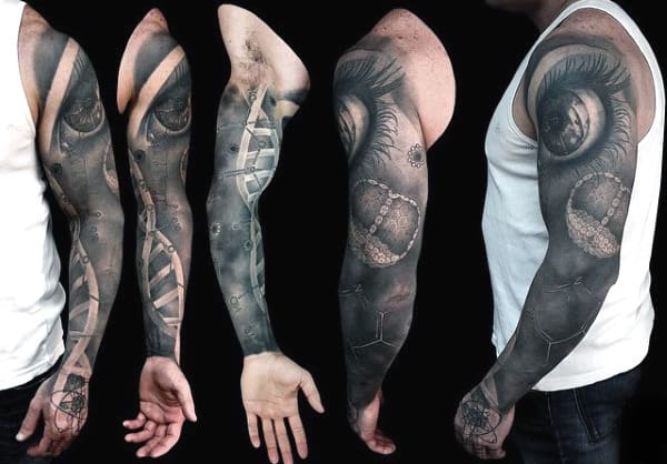 Full Sleeve Mens Dna Science Tattoo In Black Ink