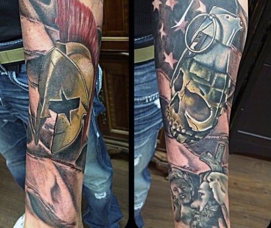 Full Sleeve Men's Grenade Tattoos Military Theme