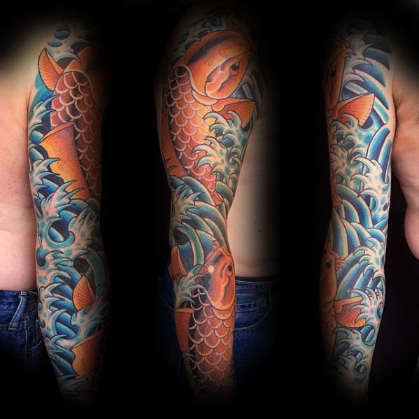 Sleeve tattoo featuring vibrant koi fish and swirling blue waves