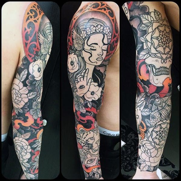 Full Sleeve Mens Leopard Tattoo Design Ideas