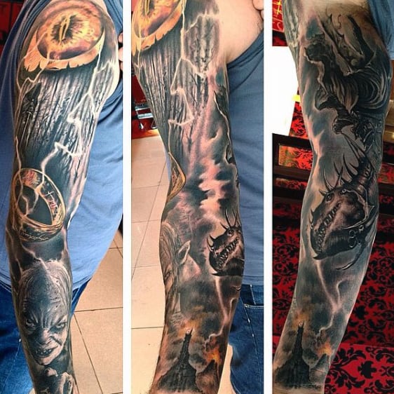Full Sleeve Mens Lord Of The Rings Themed Tattoo Ideas