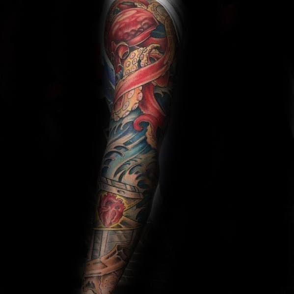Full Sleeve Mens Octopus Treasure Chest Glowing Heart Tattoos