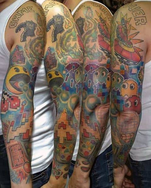 Full Sleeve Mens Pacman Themd Tattoo Design Ideas
