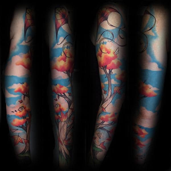 Full Sleeve Mens Paper Airplane Blowing In The Wind Tattoo