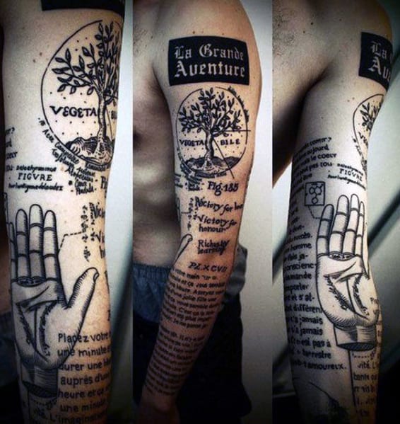 A man’s arm covered with intricate tattoos of text, diagrams, and a tree