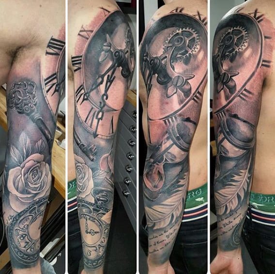 Full Sleeve Mens Terrific Pocket Watch Tattoo