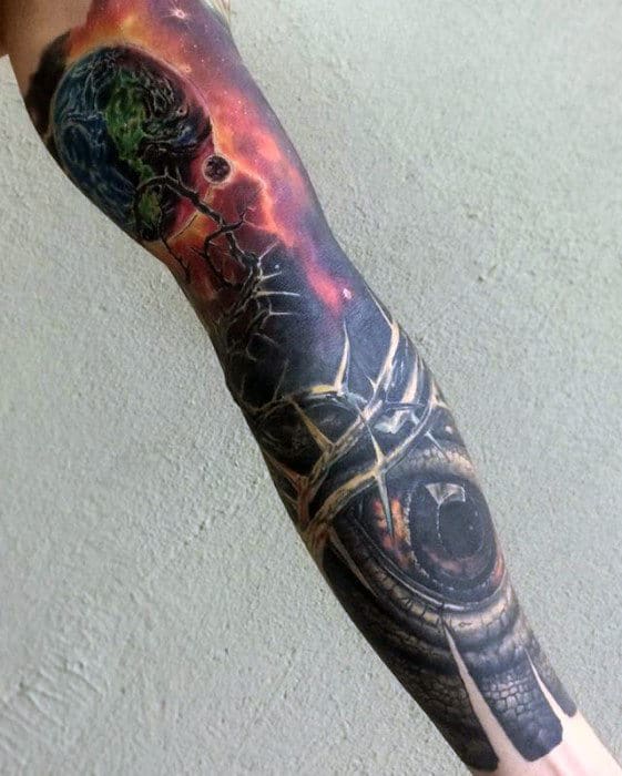 Full Sleeve Mens Thorns Eye With Sky Tattoos