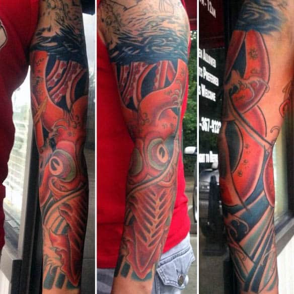 Full Sleeve Mens Underwater Red Squid Tattoos