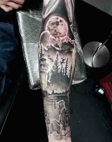 Full Sleeve Moon Lake Tattoo Design For Males