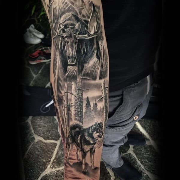 Full Sleeve Moose Nature Tattoos For Men